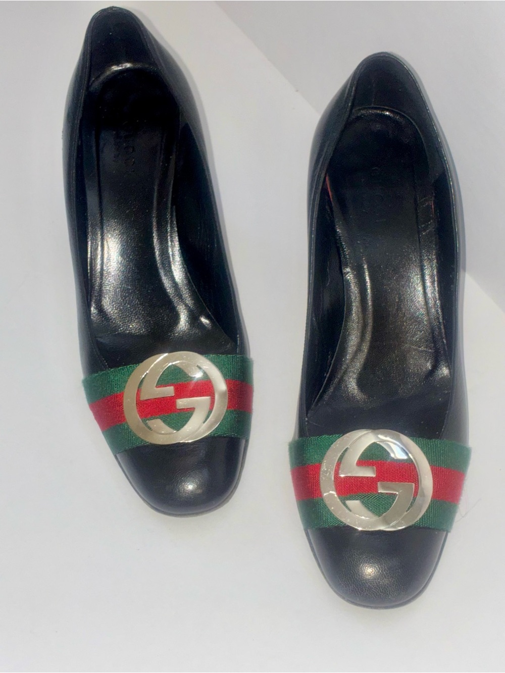 Gucci Marmont GG Logo Web Stripe Heels Black Leather Block Heel Pumps Size 7.5 M - Picture 2 of 9
